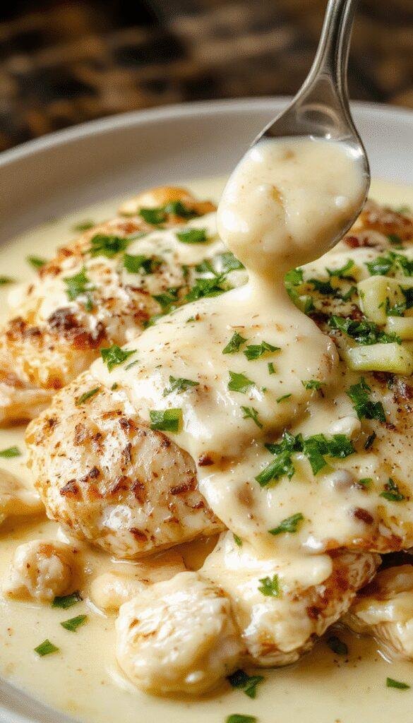 A plate of Dreamy Velvety Garlic Parmesan Chicken Alfredo featuring creamy sauce, tender chicken pieces, and garnished with fresh parsley.
