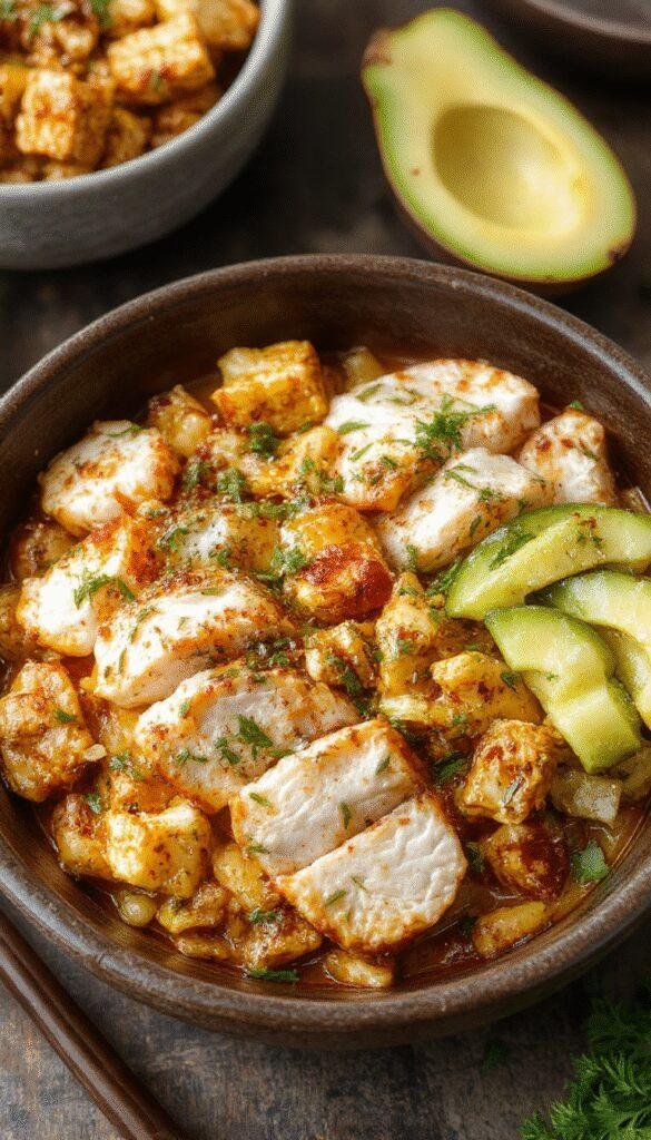 A vibrant dynamic chicken bowl with grilled chicken, colorful vegetables, and flavorful rice on a rustic plate.