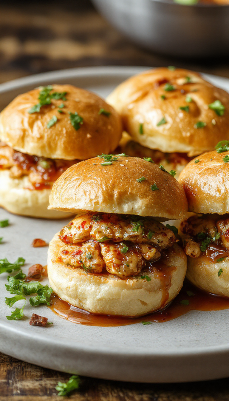 Close-up of sizzling chicken slider bites topped with fresh herbs and served on a wooden platter, highlighting their juicy texture and vibrant colors.