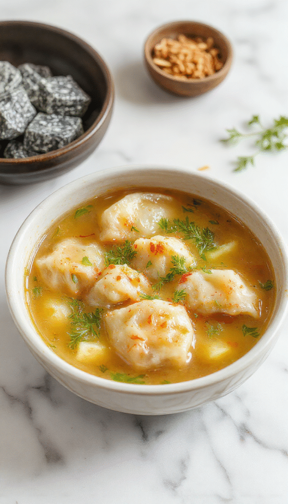 A vibrant bowl of Asian dumpling potsticker soup featuring golden-brown dumplings floating in clear, aromatic broth. The bowl is garnished with chopped green onions and sesame seeds, set against a backdrop of chopsticks and a rustic wooden table, highlighting the textures of crispy dumplings and fresh herbs.