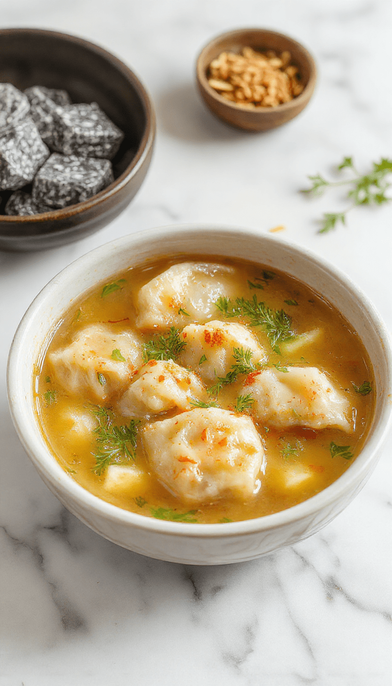 A vibrant bowl of Asian dumpling potsticker soup featuring golden-brown dumplings floating in clear, aromatic broth. The bowl is garnished with chopped green onions and sesame seeds, set against a backdrop of chopsticks and a rustic wooden table, highlighting the textures of crispy dumplings and fresh herbs.