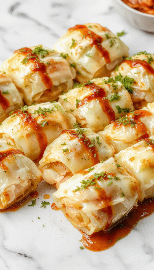 A vibrant plate featuring rolled cabbage with a hearty beef filling, topped with melted cheese and garnished with fresh parsley, served alongside a colorful salad on a rustic wooden table.