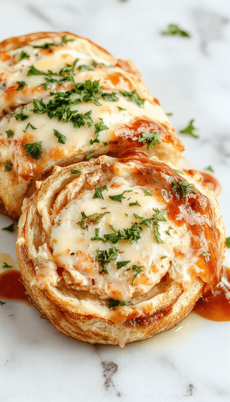 Golden-brown chicken cordon bleu stromboli sliced open to reveal melty cheese, ham, and tender chicken wrapped in a crispy crust with herbs garnishing the top