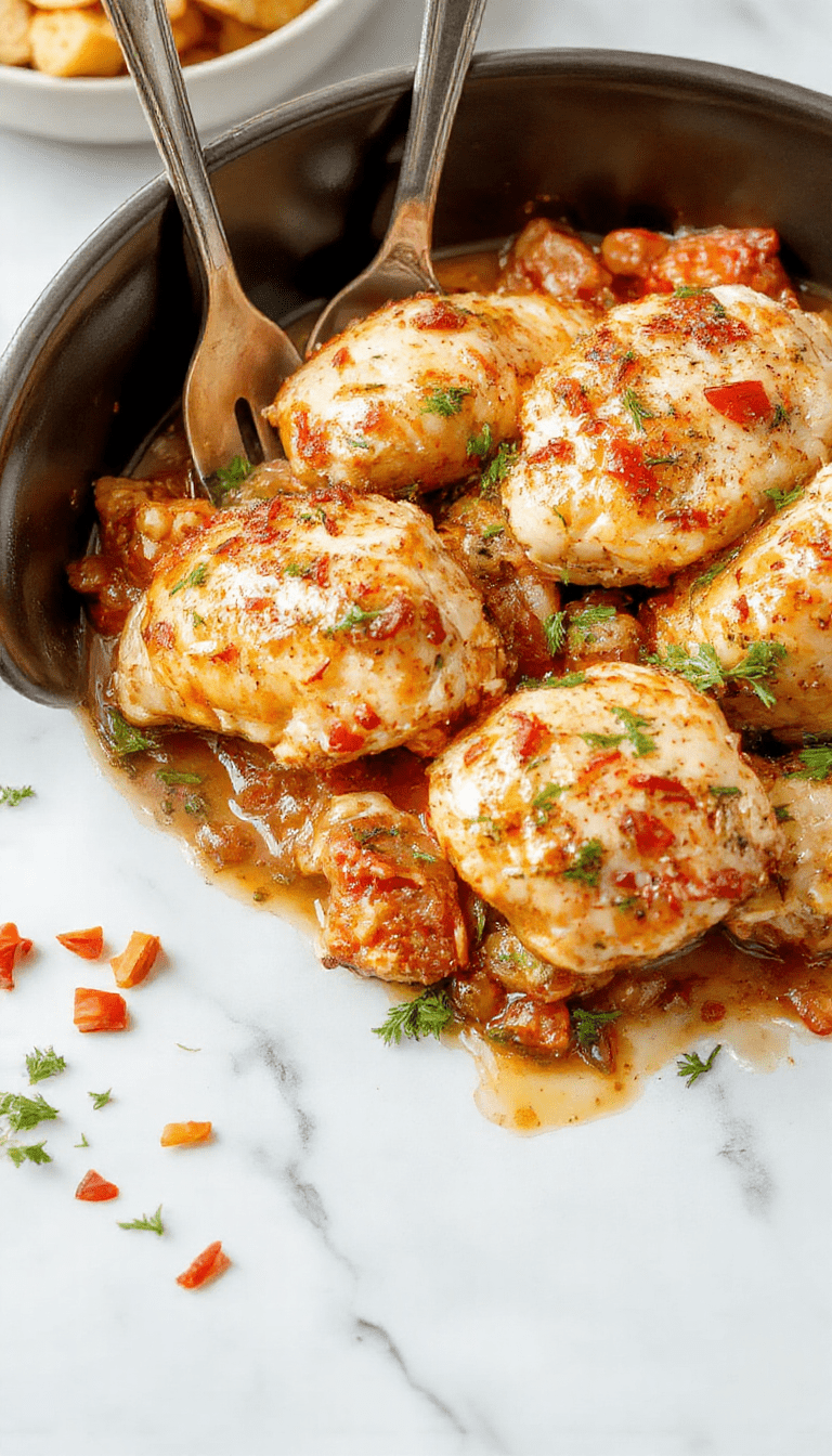 A vibrant image showcasing a creamy chicken dish plated elegantly on a white dish with a sprig of fresh herbs, set against a rustic wooden table. The chicken is coated in a rich, buttery sauce with a golden-brown crust, surrounded by colorful vegetables and garnished with parsley. The background features a softly blurred kitchen setting, highlighting the comforting and inviting presentation.