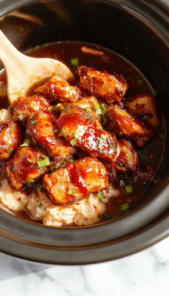 A colorful plate of shredded crockpot teriyaki chicken garnished with sesame seeds and chopped green onions, served alongside steamed rice and vibrant vegetables, with a glossy, caramelized glaze highlighting the tender texture and savory flavor.