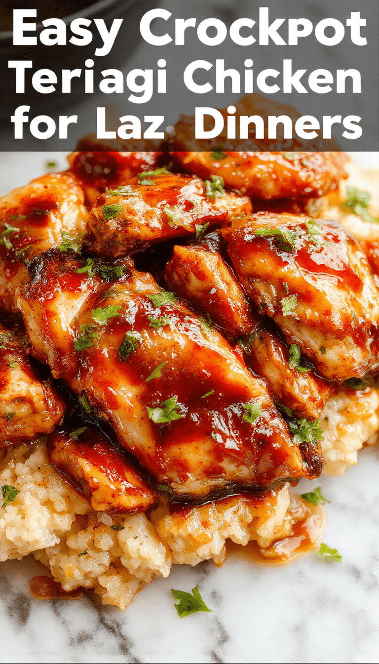 A vibrant bowl of golden-brown crockpot teriyaki chicken glazed with shiny sauce, garnished with sesame seeds and green onions, served alongside steamed rice on a rustic wooden table.