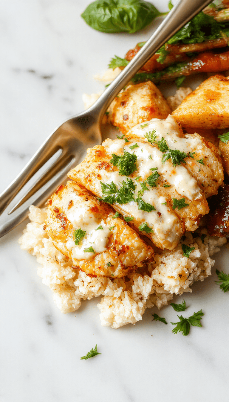 A vibrant plate featuring fluffy white rice topped with tender baked chicken pieces drizzled with creamy tzatziki sauce, garnished with fresh herbs, served in a rustic bowl with a side of bright cucumber slices and cherry tomatoes, styled with a sprinkle of dill and lemon wedge for a fresh, inviting look