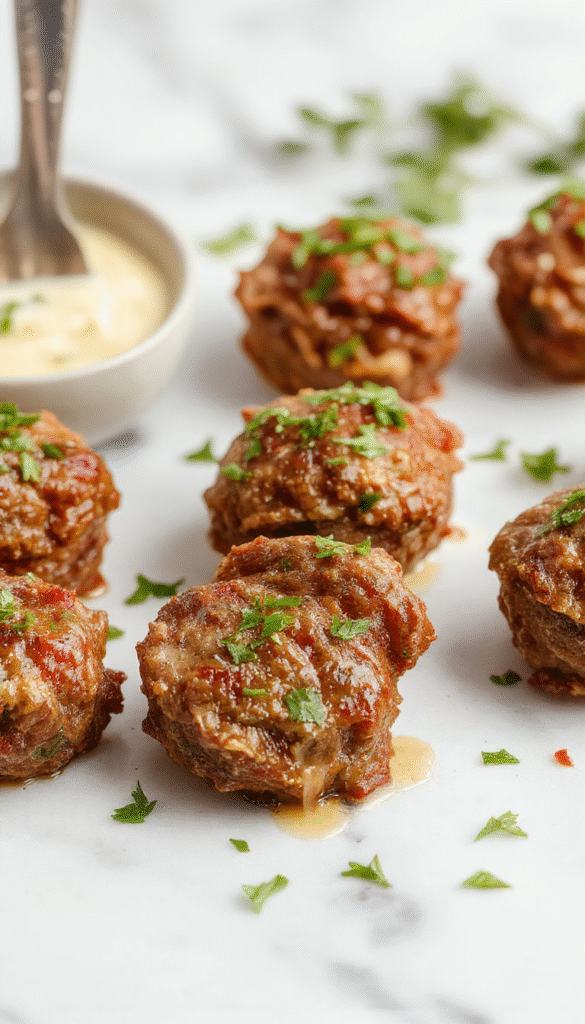 Colorful plate of tender beef bites coated in golden garlic butter, garnished with fresh parsley on a rustic wooden table, with a side of vegetables and a glossy sauce.