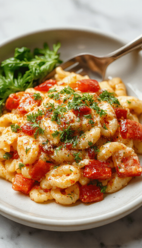 A bowl of creamy, vibrant yellow orzo pasta garnished with fresh herbs, served on a rustic white plate. The presentation highlights tender orzo grains with a glossy, flavorful sauce, surrounded by colorful vegetables and sprigs of basil, styled with a wooden background for a warm, inviting look.