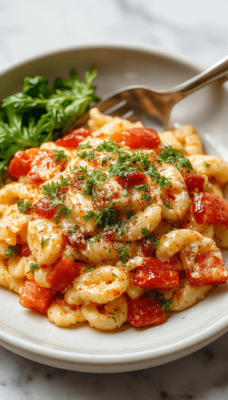 A bowl of creamy, vibrant yellow orzo pasta garnished with fresh herbs, served on a rustic white plate. The presentation highlights tender orzo grains with a glossy, flavorful sauce, surrounded by colorful vegetables and sprigs of basil, styled with a wooden background for a warm, inviting look.