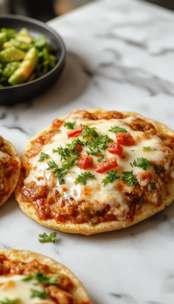 Colorful sheet pan taco pizza with golden-brown crust topped with melted cheese, seasoned ground beef, fresh diced tomatoes, shredded lettuce, and vibrant cilantro, all arranged beautifully on a rustic wooden table.