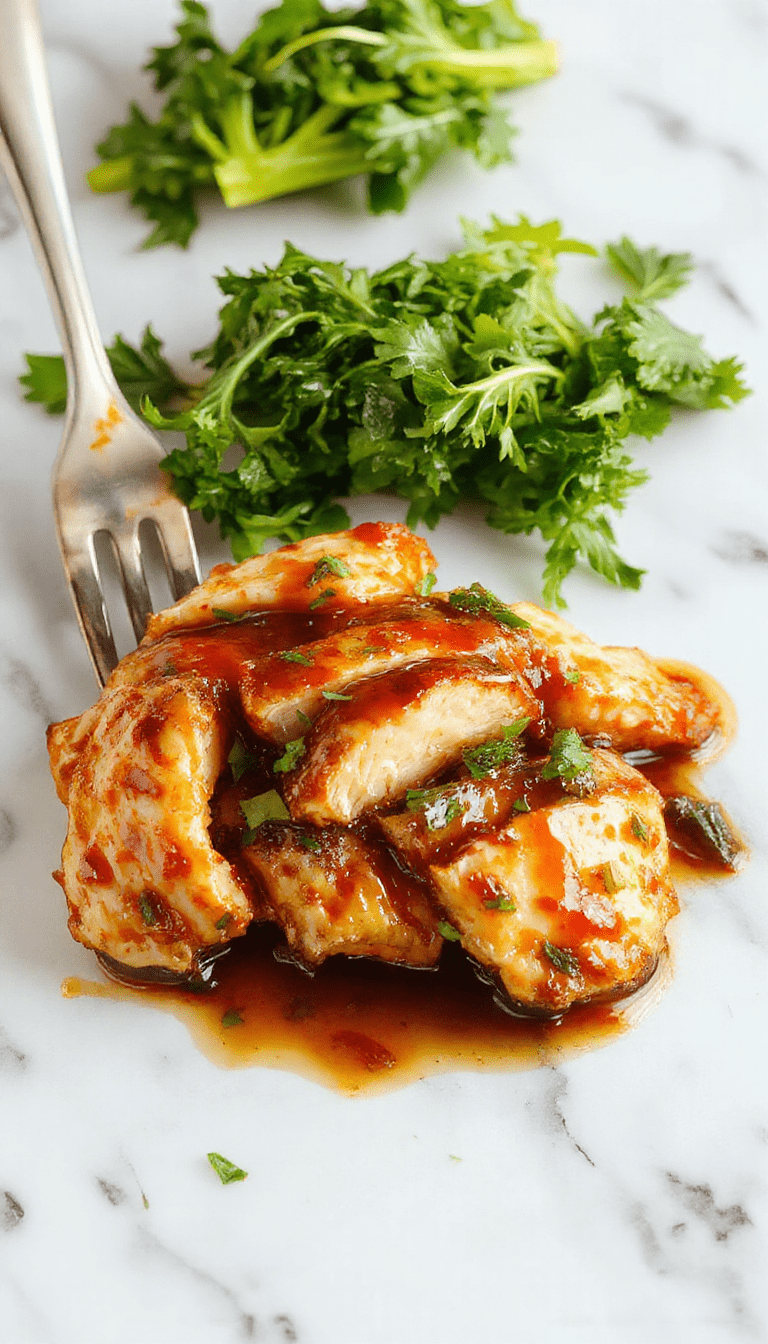 A vibrant plate of tender shredded chicken glazed with glossy teriyaki sauce, garnished with sliced green onions and sesame seeds, served on a white dish against a wooden table background with steam rising and a glossy sauce layer.