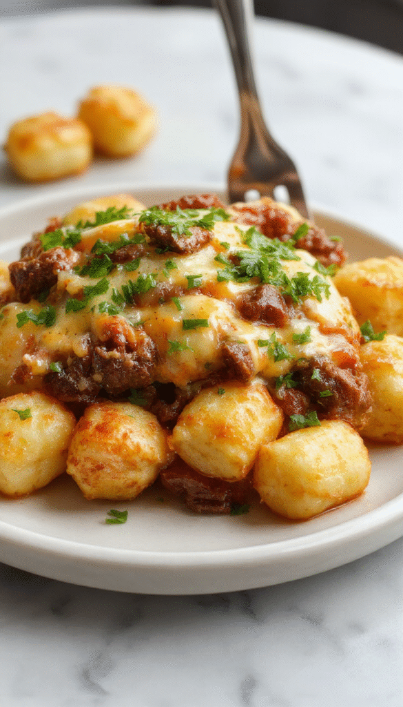 A close-up of a vibrant, golden-brown tater tot casserole served in a white baking dish, topped with melted cheese and garnished with chopped green onions, with crispy edges and a warm, cheesy interior visible.