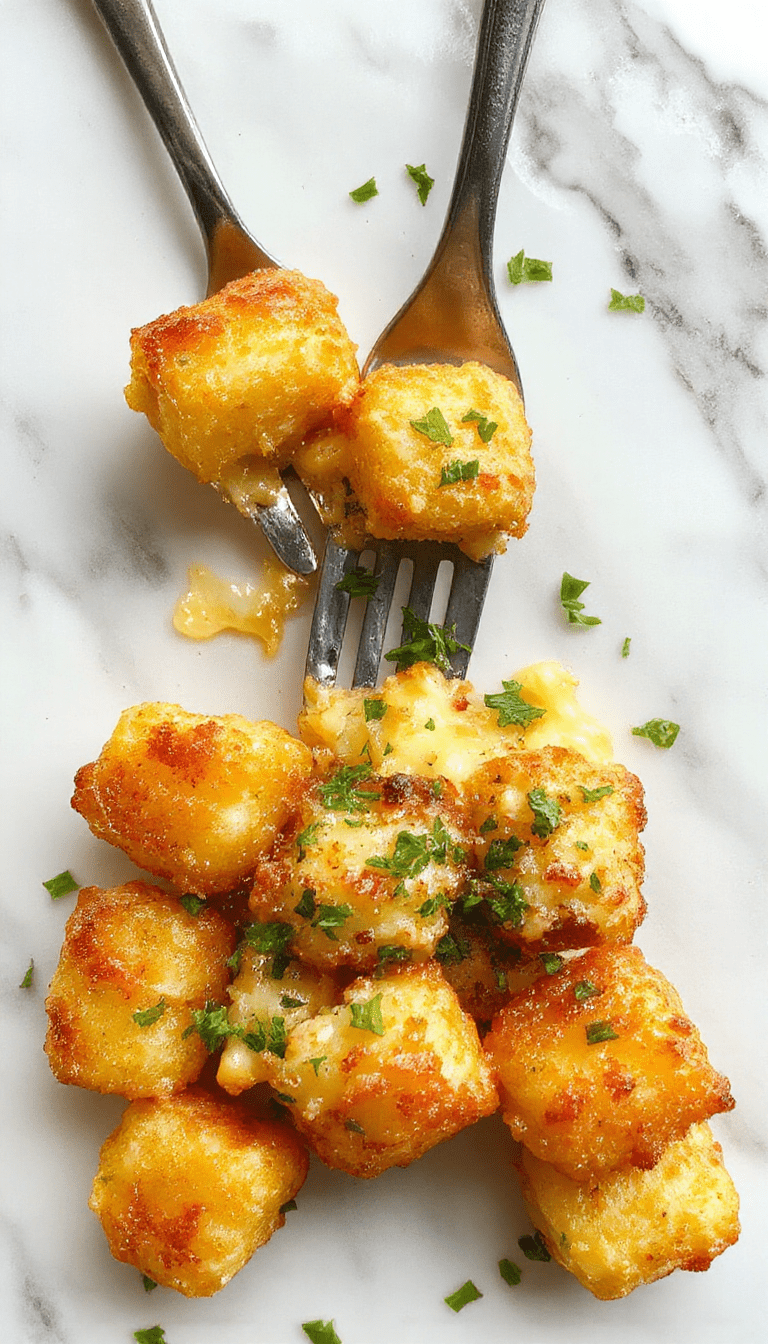 A colorful plate featuring a golden-brown Tater Tot Casserole topped with melted cheese and chopped herbs, served on a rustic wooden table with a side of fresh vegetables, showcasing a crispy, cheesy texture and inviting homemade appeal.