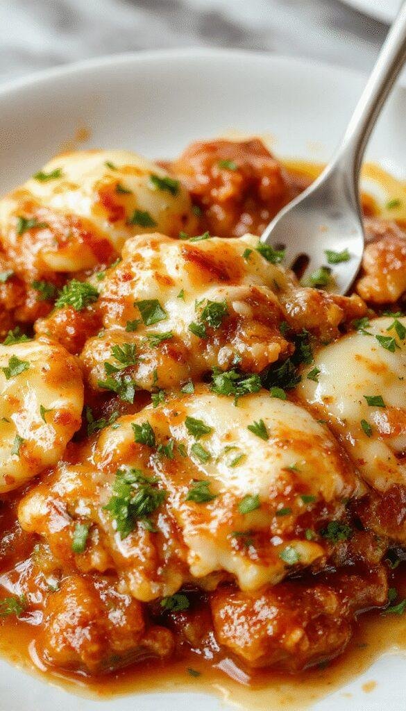 A steaming plate of cheesy ravioli lasagna served in a rustic baking dish, garnished with fresh basil and melted cheese on top.