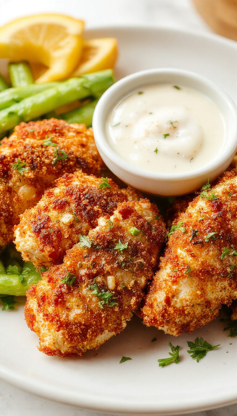 Golden crispy baked chicken strips arranged on a plate with dipping sauce, garnished with herbs, family enjoying dinner in the background