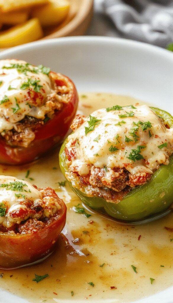 Colorful stuffed bell peppers filled with rice, vegetables, and melted cheese on a plate