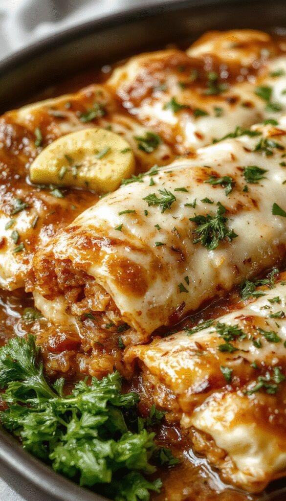 A plate of delicious enchiladas topped with melted cheese, garnished with fresh cilantro and served with sides of rice and beans