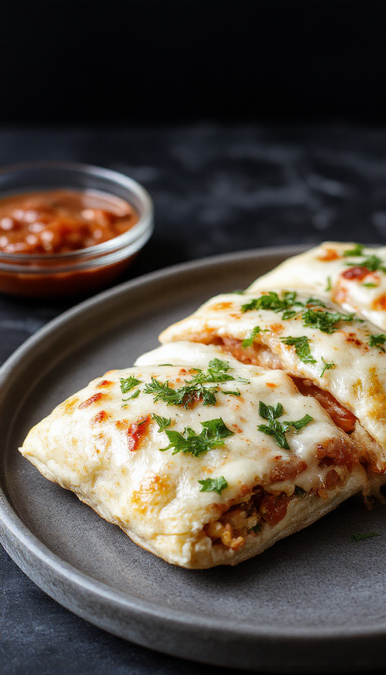 Golden pizza pockets filled with melted cheese and toppings, arranged on a baking tray ready for baking.
