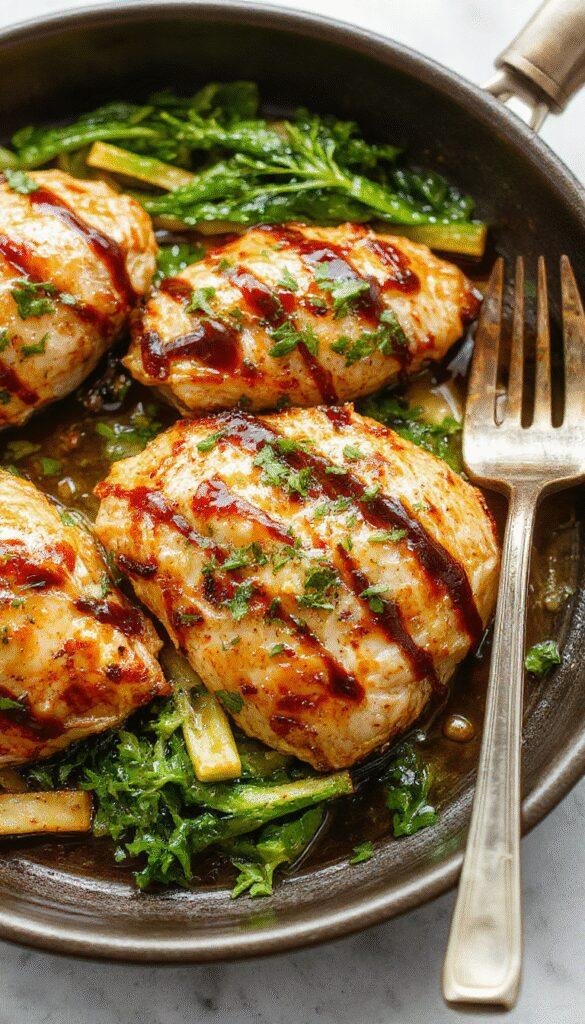 Juicy balsamic chicken cooked in a single pan with caramelized onions and fresh herbs, served with a side of vegetables.