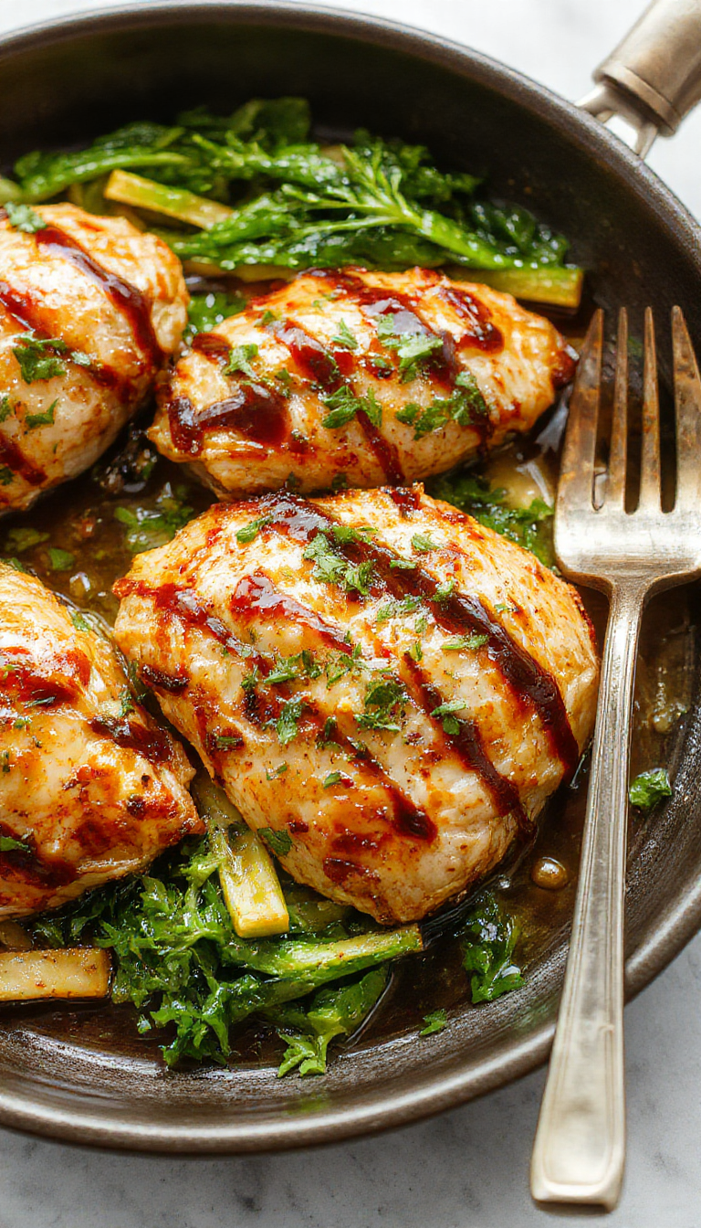 Juicy balsamic chicken cooked in a single pan with caramelized onions and fresh herbs, served with a side of vegetables.