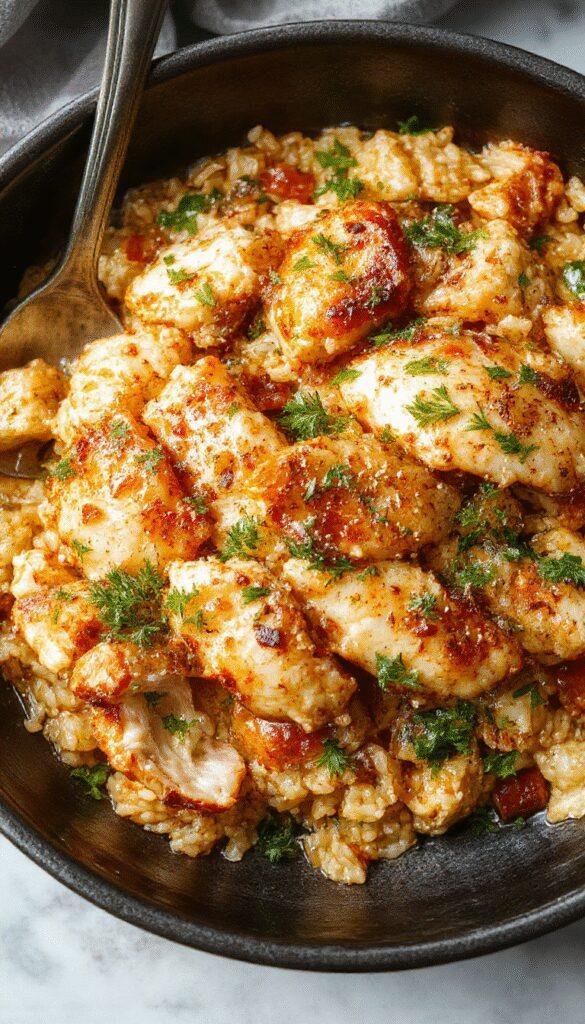 A delicious one-pan chicken and rice dish with tender chicken pieces, colorful vegetables, and fluffy rice all cooked together in a single skillet.
