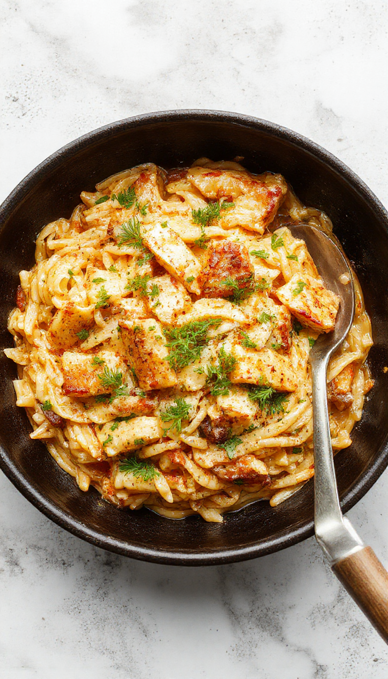 A colorful plate of golden orzo pasta mixed with fresh vegetables and herbs, all cooked together in a single pan for a quick and easy dinner.