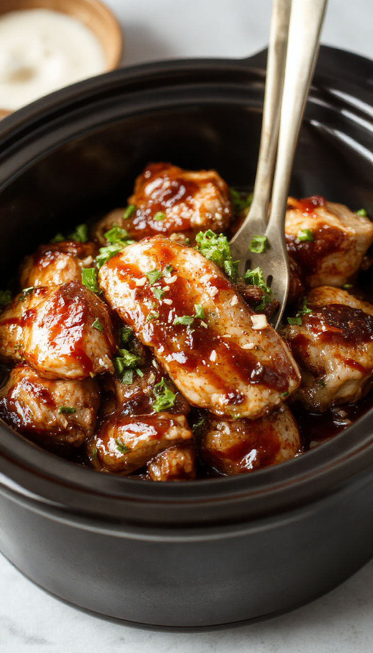 Juicy shredded teriyaki chicken in a slow cooker with steamed rice and garnished with green onions, ready to serve for a comforting weeknight dinner.