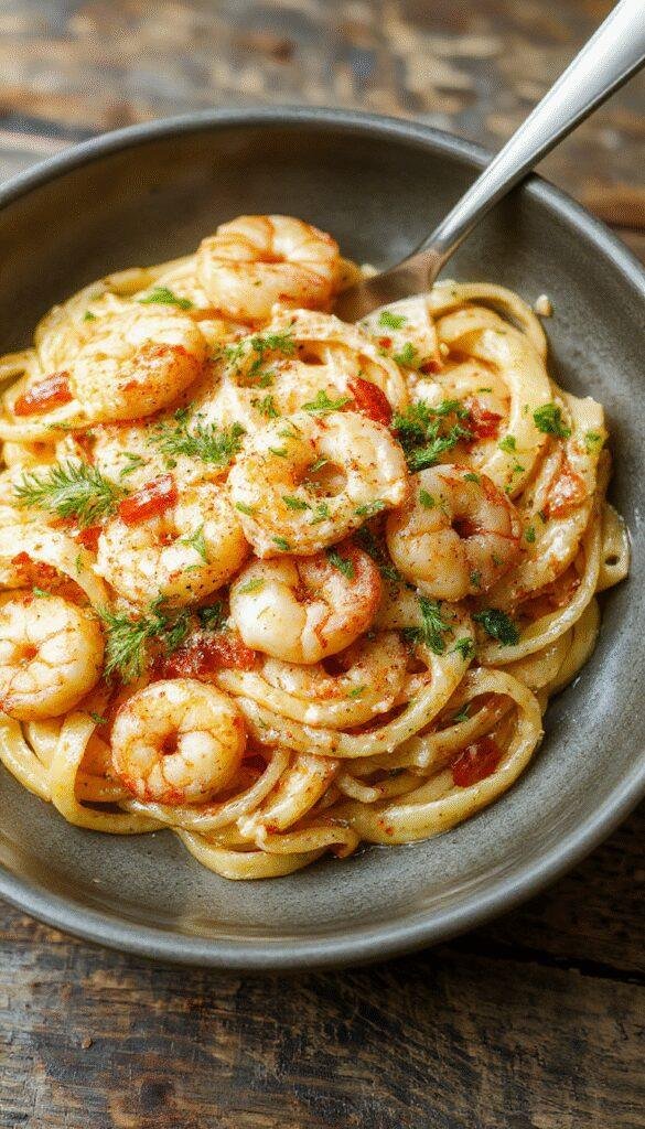 A stunning plate of creamy garlic shrimp pasta topped with fresh herbs, showcasing tender shrimp coated in rich sauce amidst al dente pasta.