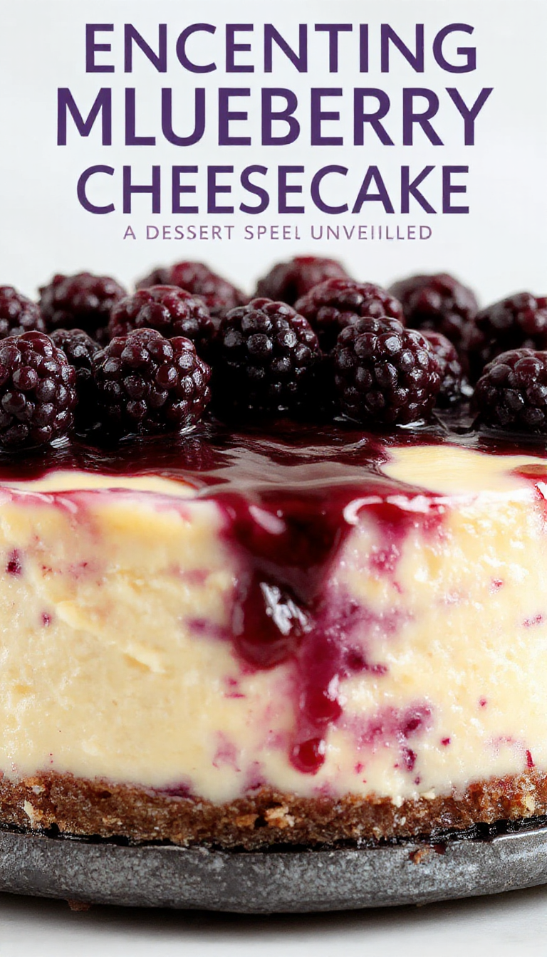 A stunning slice of Midnight Blueberry Cheesecake with a deep blue hue, topped with fresh blueberries and a glossy glaze on a elegant plate.