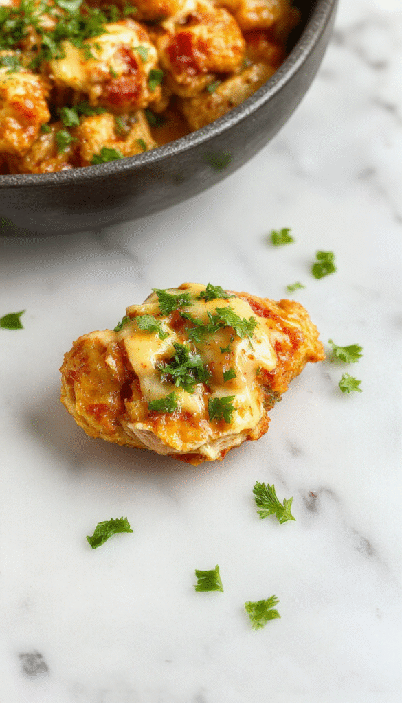 Colorful Southwest Cheesy Chicken Skillet dish featuring tender chicken breasts topped with melted cheese, vibrant red and green bell peppers, corn, and black beans, all arranged neatly on a rustic skillet with fresh cilantro garnish and a side of lime wedges, emitting a warm, savory aroma.