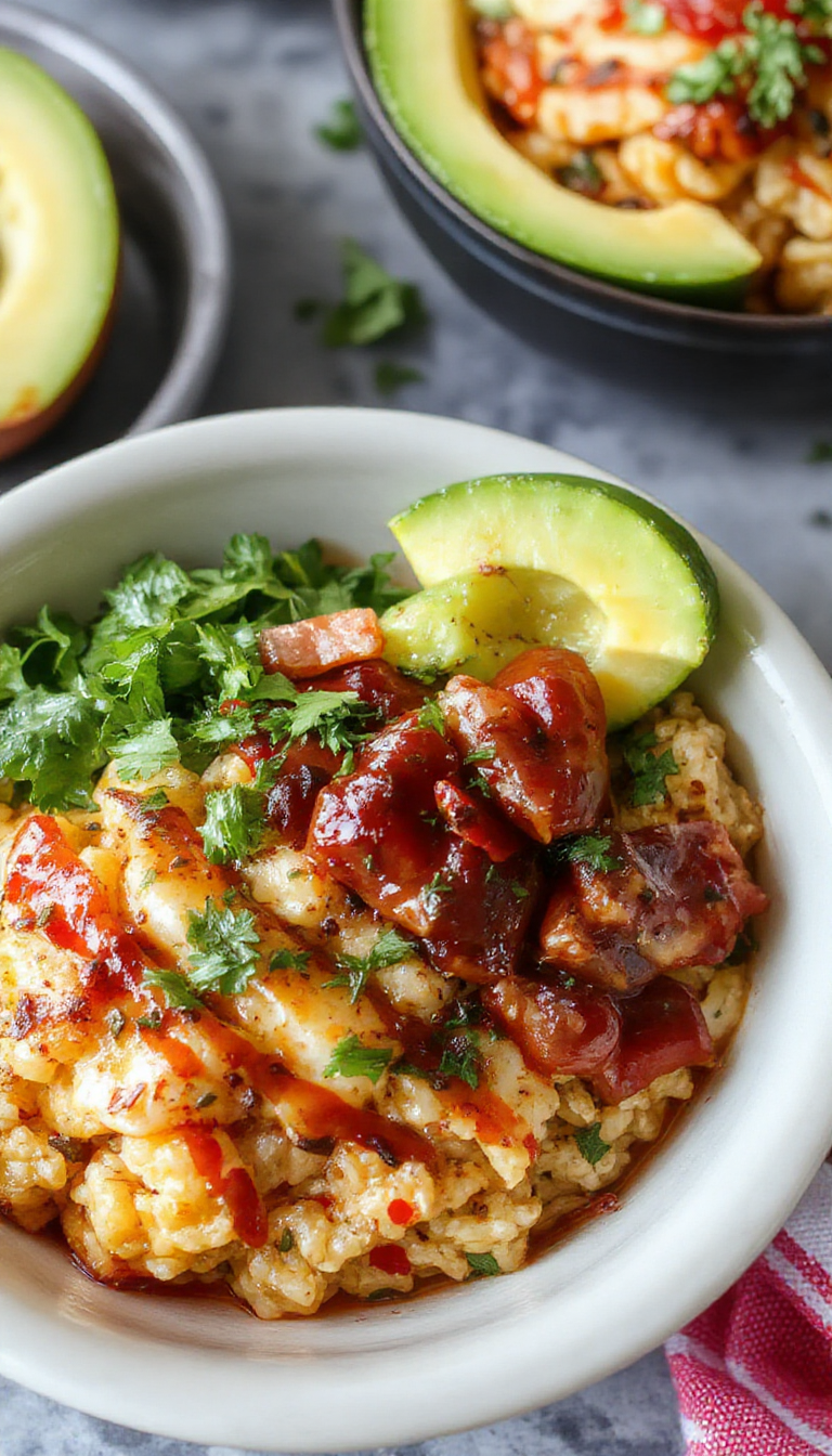 Colorful fiesta rice bowls arranged with rice, fresh vegetables, beans, and toppings on a rustic wooden table
