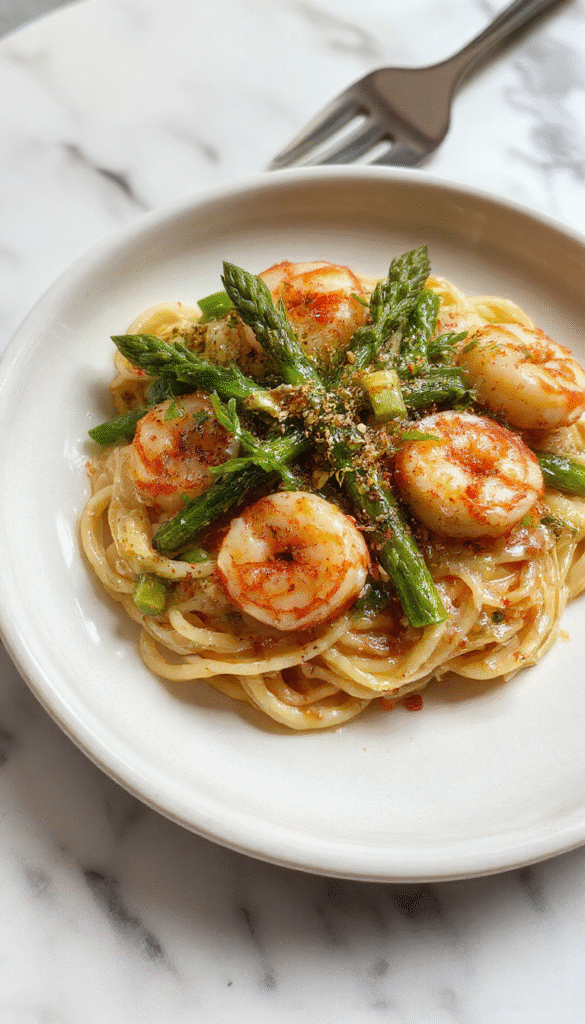 A vibrant plate of angel hair pasta topped with tender asparagus spears and succulent shrimp, garnished with fresh herbs and a light drizzle of olive oil, all set on a white ceramic plate with a rustic wooden background.
