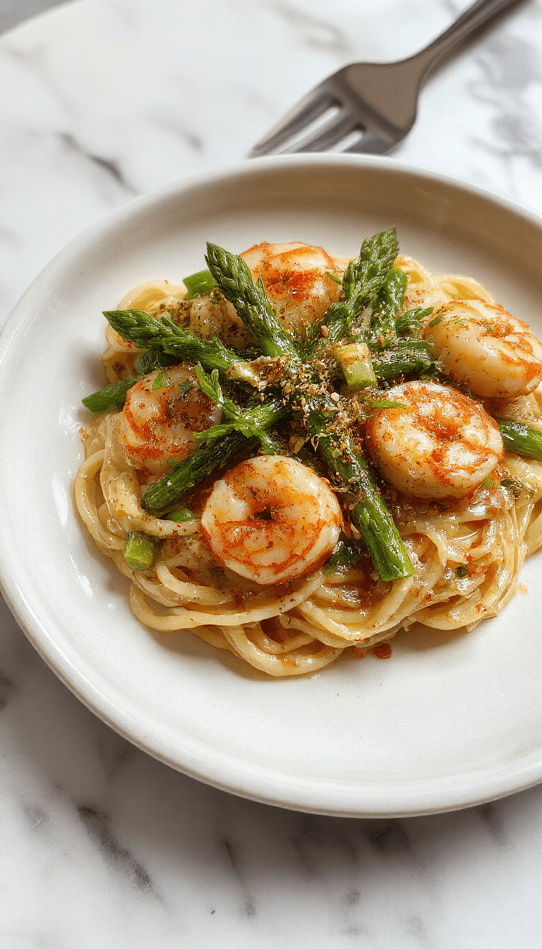 A vibrant plate of angel hair pasta topped with tender asparagus spears and succulent shrimp, garnished with fresh herbs and a light drizzle of olive oil, all set on a white ceramic plate with a rustic wooden background.