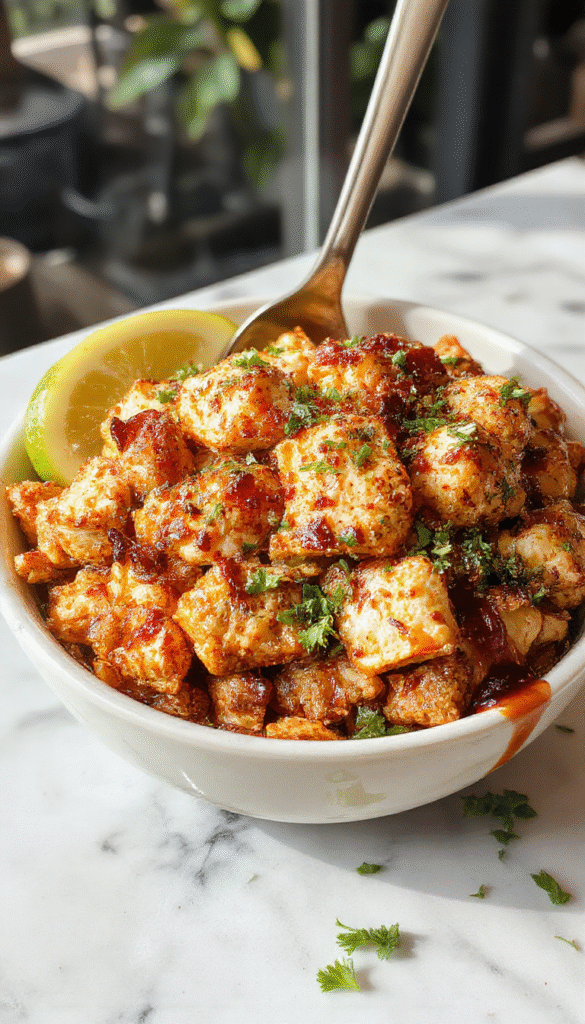 A vibrant chicken burrito bowl featuring grilled chicken strips, colorful fresh vegetables like lettuce, tomatoes, and corn, topped with shredded cheese and a dollop of sour cream, all arranged on a rustic wooden table with lively plating and garnished with cilantro.