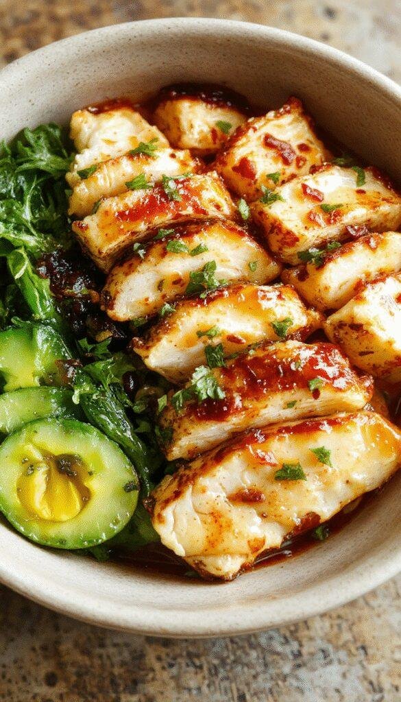 Colorful chicken power bowl with grilled chicken, fresh vegetables, and quinoa, topped with herbs and a lemon wedge, on a wooden table.