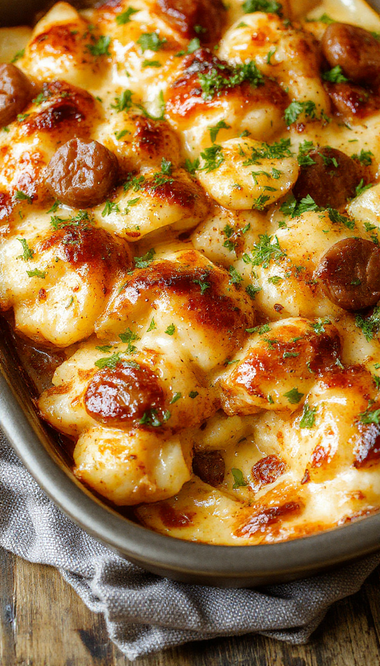 A delicious casserole dish featuring sliced potatoes, sausage, and a creamy ranch cheese topping, garnished with fresh herbs.