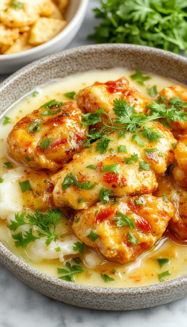 A plate of creamy butter chicken garnished with fresh cilantro, served with steamed rice and naan bread on a rustic wooden table.