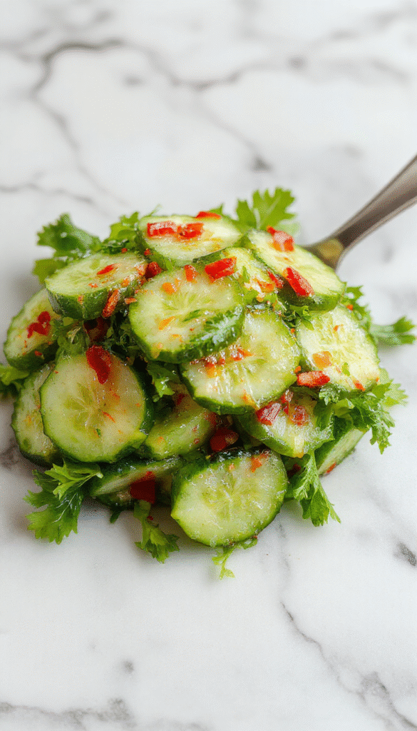 A vibrant Asian cucumber salad featuring thinly sliced cucumbers with a glossy, tangy dressing, garnished with sesame seeds and chopped fresh herbs, beautifully arranged on a white plate with colorful vegetables in the background