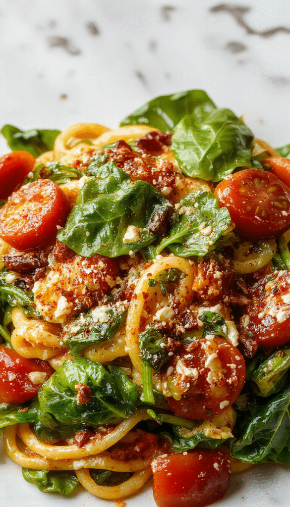 A vibrant plate of spinach and cherry tomato pasta with fresh green spinach and bright red cherry tomatoes, topped with grated cheese and herbs, styled beautifully on a rustic white plate with a fork on the side, set against a wooden table background with fresh ingredients scattered around.