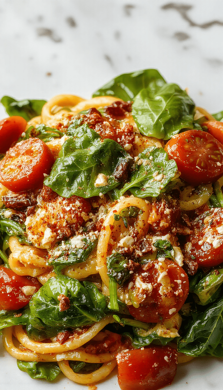 A vibrant plate of spinach and cherry tomato pasta with fresh green spinach and bright red cherry tomatoes, topped with grated cheese and herbs, styled beautifully on a rustic white plate with a fork on the side, set against a wooden table background with fresh ingredients scattered around.