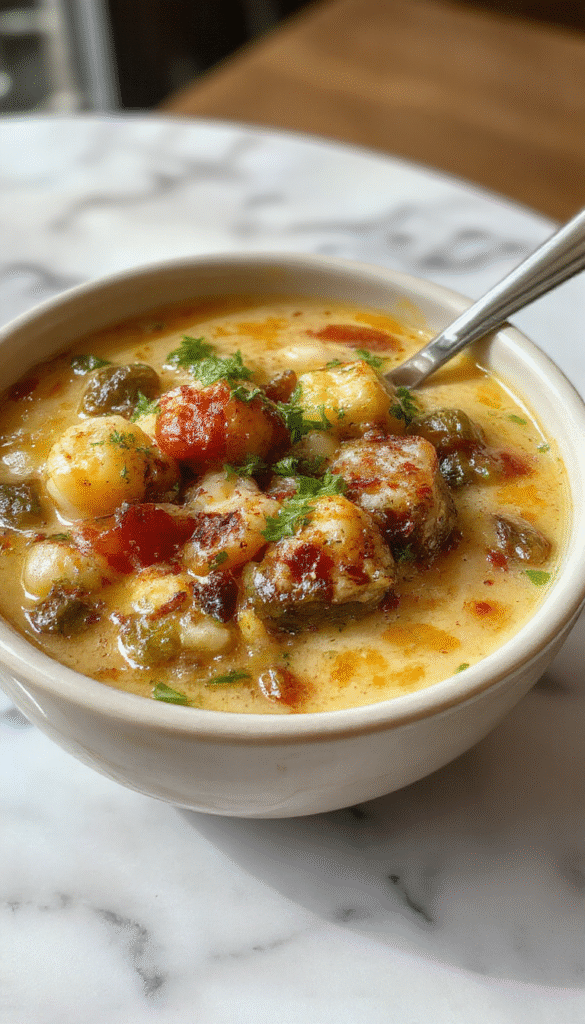 A vibrant bowl of vegetable soup with colorful carrots, zucchini, and spinach, garnished with herbs, served in a rustic white bowl on a wooden table with fresh vegetables around.