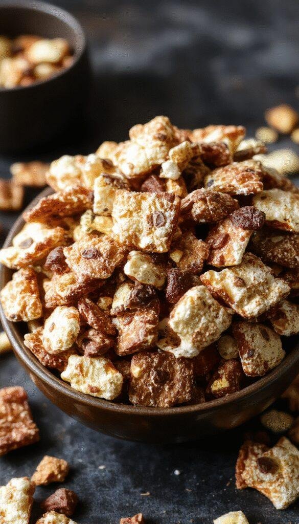 A spooky Halloween snack mix featuring colorful candies, pretzels, popcorn, and chocolate decorations in a haunted-themed setting.