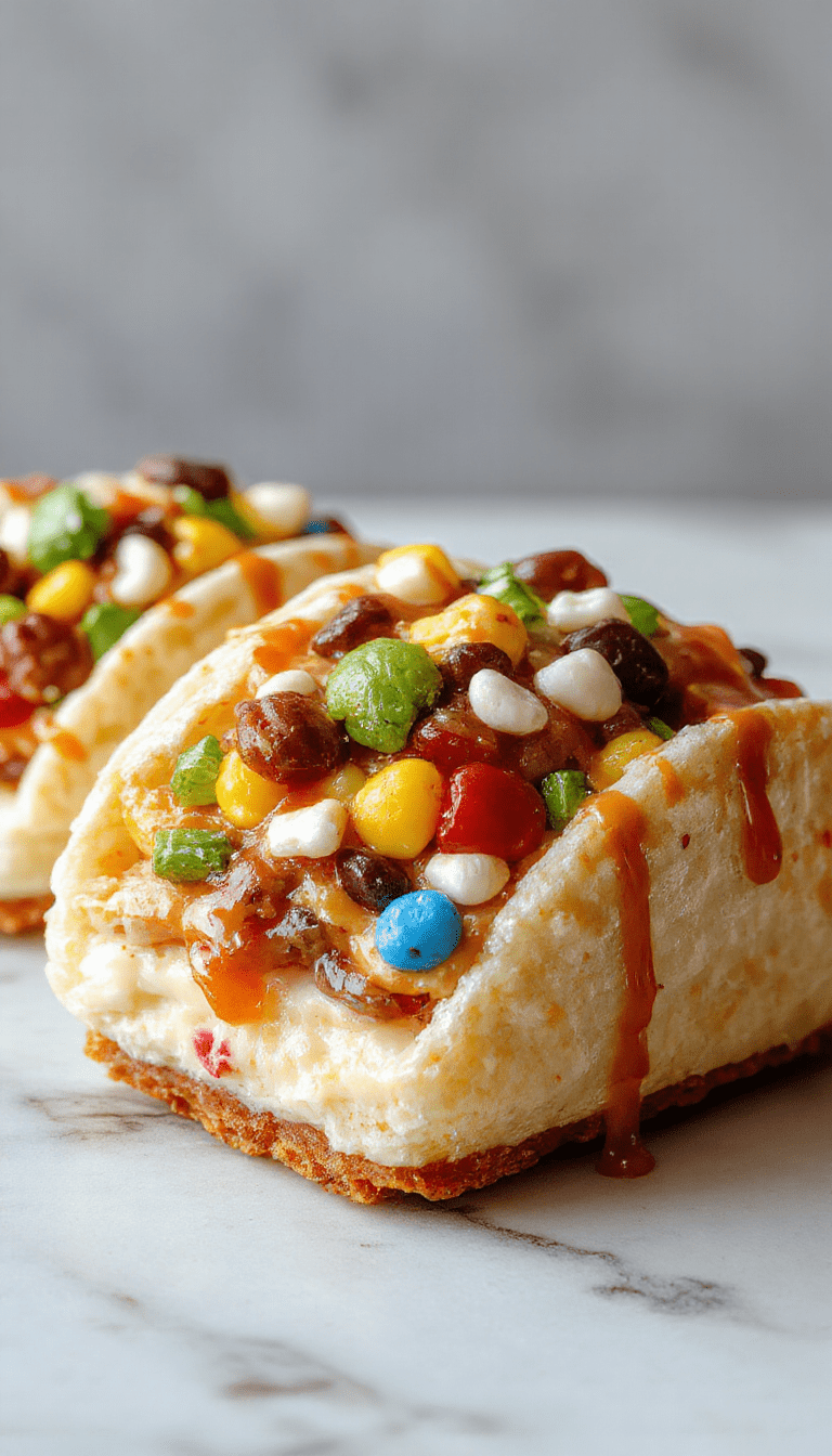 Colorful dessert featuring crispy Fruity Pebbles cereal mixed with smooth cheesecake filling, all wrapped in soft taco shells, garnished with fresh berries and drizzled with fruity glaze, styled on a white plate with vibrant background.