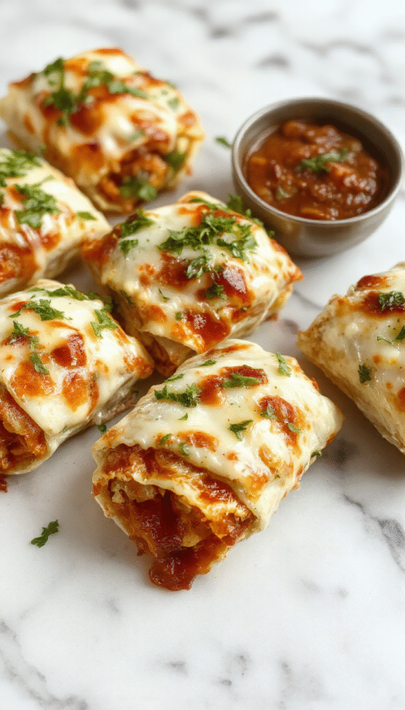 Colorful tortilla pizza rolls arranged on a white plate with a crispy golden exterior, filled with melted cheese, tomato sauce, and small veggie pieces. The rolls are sliced open slightly to showcase the gooey cheese and vibrant toppings, garnished with fresh herbs. The background features a cheerful, kid-friendly table setting with playful napkins and utensils.