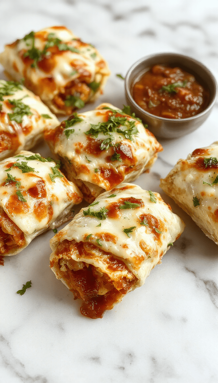 Colorful tortilla pizza rolls arranged on a white plate with a crispy golden exterior, filled with melted cheese, tomato sauce, and small veggie pieces. The rolls are sliced open slightly to showcase the gooey cheese and vibrant toppings, garnished with fresh herbs. The background features a cheerful, kid-friendly table setting with playful napkins and utensils.
