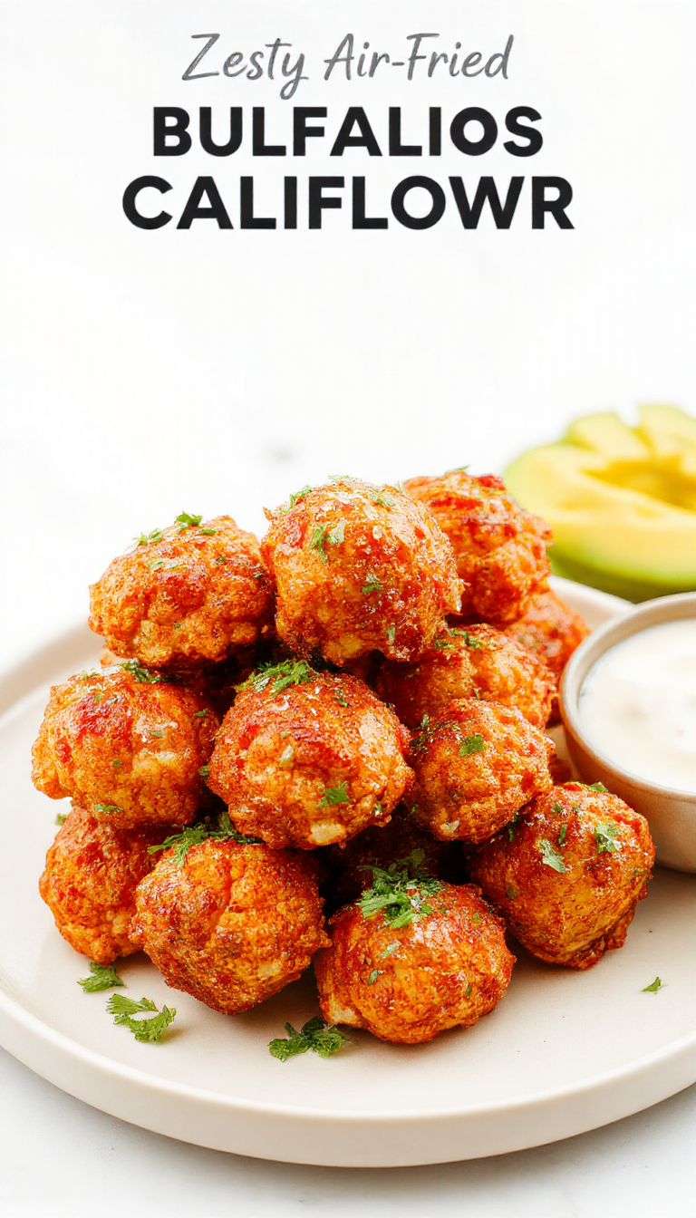 Crispy air-fried buffalo cauliflower bites served with blue cheese dipping sauce on a wooden platter.