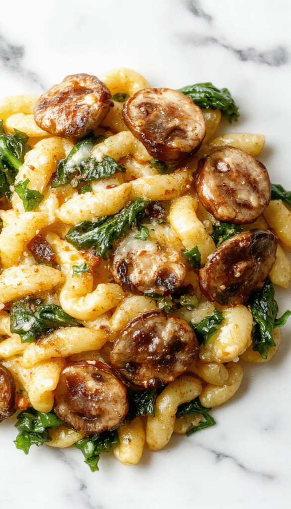 A vibrant plate of garlic butter orzo topped with sautéed mushrooms and fresh spinach, beautifully arranged with colorful greens and earthy mushrooms, served in a rustic bowl with a sprig of herbs on top, capturing a cozy and inviting kitchen scene.