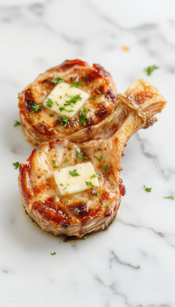Golden-brown pork chops with a crispy crust topped with a melted garlic butter sauce, served on a white plate with fresh herbs and a lemon wedge, with a rustic wooden table background and a side of green vegetables