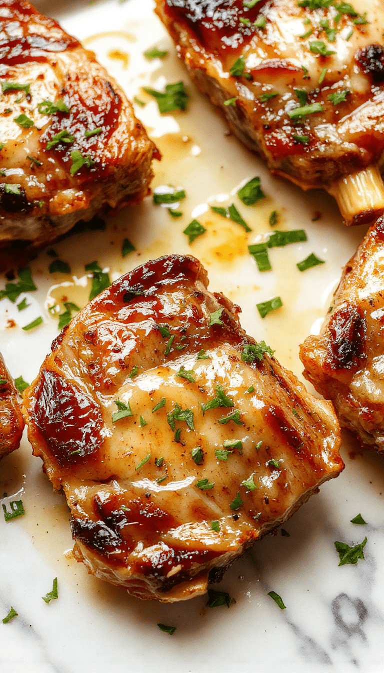 Golden-brown pork chops with crispy edges topped with a vibrant garlic butter sauce, served on a stylish white plate with fresh herbs, showcased against a rustic wooden background with a splash of melted butter and minced garlic in close-up detail.